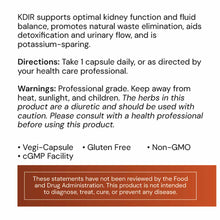 Bottle of KDIR Fluidren capsules with product information text and warnings displayed on white background.