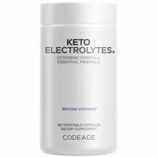 White cylindrical bottle labeled "Keto Electrolytes" by Codeage containing 180 vegetable capsules dietary supplement.