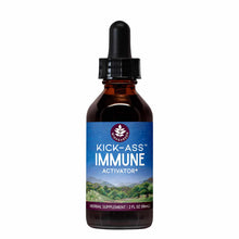 Dark amber glass dropper bottle of Kick-Ass Immune herbal supplement by Wishgarden Herbs with blue and purple label, 2 fl oz.