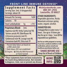 Supplement Facts label for Kick Ass Immune herbal liquid with serving size, ingredients, and usage instructions on blue starr
