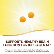 Two orange-yellow gummies against a yellow and white background with text stating "Supports Healthy Brain Function for Kids A