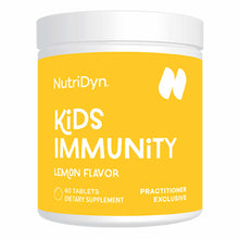 NutriDyn Kids Immunity chewable dietary supplement bottle with lemon flavor, 60 tablets, white cap.