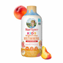 Bottle of MaryRuth's Kids Nighttime Multimineral liquid supplement with peach and pear beside it.