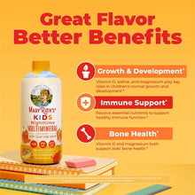MaryRuth's Kids Nighttime Multimineral liquid supplement bottle with peaches and cream flavor on yellow background with benef