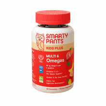 SmartyPants Kids Plus Multi & Omegas vitamin gummies bottle with red cap and label showing 60 gummies.