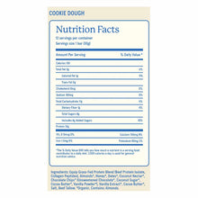Nutrition facts label for Cookie Dough protein bars listing 130 calories, 10g protein, and 8g added sugars per bar, plus ingredients.