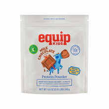 A white Equip Kids milk chocolate protein powder pouch with a cartoon blue cow carrying a chocolate bar.