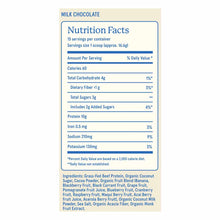 Nutrition facts label for milk chocolate protein powder listing 60 calories, 10 grams protein, 15 servings per container, and ingredients including grass-fed beef protein.