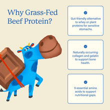 Infographic titled "Why Grass-Fed Beef Protein?" shows a blue cartoon cow carrying a chocolate bar beside three checkmarked benefit boxes.