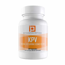 White bottle with orange and white label showing "KPV" text and "60 Capsules" by Integrative Peptides.