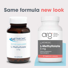 Two bottles of L-Methylfolate 5 mg supplement: dark amber glass bottle on left with white cap, white plastic bottle on right