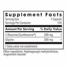 Supplement Facts label showing L-Theanine 200 mg per capsule with 120 servings per container.