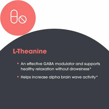 Infographic for L-Theanine 200 mg supplement showing a capsule icon and product benefits text on dark background.