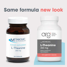 Two bottles of L-Theanine 200 mg dietary supplement: dark amber bottle with old label on left, white bottle with new Allergy