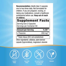Supplement label showing L-Theanine 200 mg dosage information with dairy-free, gluten-free, vegan, and no artificial colors o