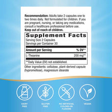 Natures Way L-Theanine 200mg supplement label showing dosage instructions, supplement facts, and icons indicating dairy-free,
