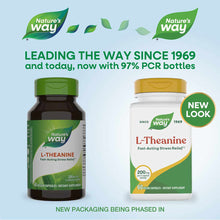 Two Nature's Way L-Theanine 200 mg supplement bottles with green and gold caps side by side on light blue background.