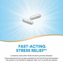 Two white L-theanine capsules against a blue background with gold wave design and text below.