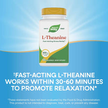 Nature's Way L-Theanine 200 mg bottle with gold cap and white label containing 60 vegan capsules on blue background.