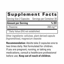 Supplement Facts label showing L-Theanine 200 mg per serving, 2 capsules, 30 servings per container.