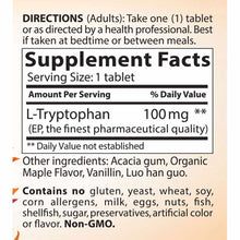 L-Tryptophan 100mg chewable supplement fact label with directions and ingredient information.