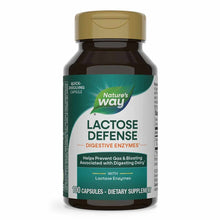 Bottle of Nature's Way Lactose Defense with gold cap containing 100 quick-dissolving capsules of digestive enzymes.