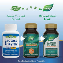 Lactase Enzyme bottles showing old white packaging and new green packaging with gold caps, displayed side by side.