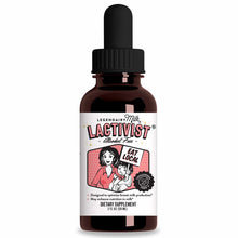 Dark amber glass dropper bottle of Lactivist dietary supplement by Legendairy Milk, 2 fl oz, with black cap and white label f