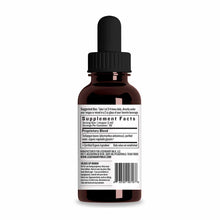 Dark amber glass dropper bottle with black cap and white label containing supplement facts and usage instructions.