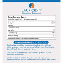 Lauricidin Monolaurin Supplement label showing product name, supplement facts with 3000mg monolaurin per serving, and usage i