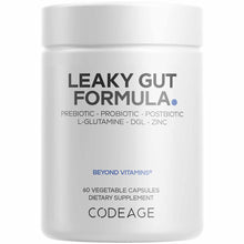 White bottle of Codeage Leaky Gut Formula dietary supplement containing 60 vegetable capsules with prebiotic, probiotic, and