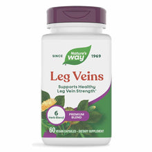 White bottle with purple cap labeled "Leg Veins" by Nature's Way, containing 60 vegan capsules dietary supplement.