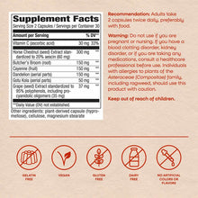 Supplement Facts label and usage information for Leg Veins capsules with ingredient list, dosage recommendations, warnings, a