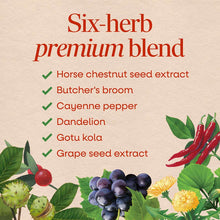Six-herb premium blend supplement label listing horse chestnut seed extract, butcher's broom, cayenne pepper, dandelion, gotu
