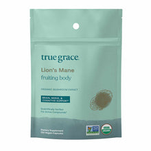 True Grace Lion's Mane dietary supplement pouch containing 120 vegan capsules with organic mushroom extract.