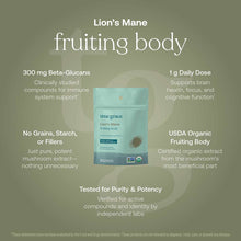 Light blue pouch of True Grace Lion's Mane fruiting body supplement powder with product information displayed on muted green