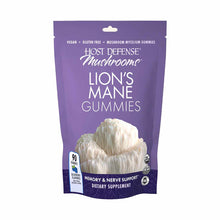 Purple pouch of Host Defense Lion's Mane Gummies with white mushroom image and "90 gummies" label on front.