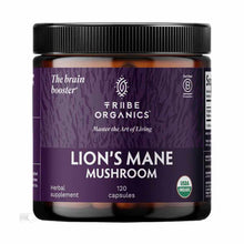 Tribe Organics Lion's Mane Mushroom supplement bottle with black screw cap and purple label, containing 120 capsules.