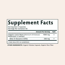 Supplement Facts label showing Lion's Mane Mushroom 1000 mg per serving, 60 servings per container, with Beta-D-Glucans and o