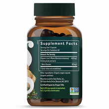 Brown glass bottle with green cap containing dark capsules, labeled with Supplement Facts and Gaia Herbs branding.