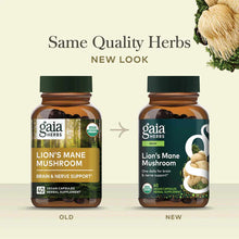 Two amber glass bottles of Gaia Herbs Lion's Mane Mushroom supplements showing old and new label designs with green caps.