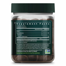 Bottle of brown Lion's Mane mushroom gummies with green cap and label showing supplement facts and organic certification.