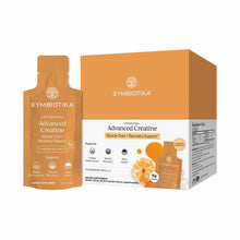 Cymbiotika Liposomal Advanced Creatine box with 24 tangerine vanilla liquid packets displayed alongside single packet.