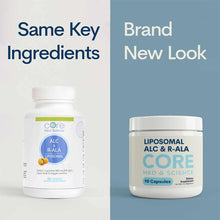 Two white supplement bottles with blue labels side by side showing Core Med Science Liposomal ALC & R-ALA, 90 capsules each.