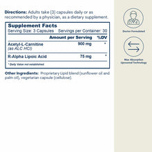 Supplement Facts label showing directions, ingredient information for Acetyl-L-Carnitine and R-Alpha Lipoic Acid, with doctor