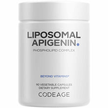 White cylindrical bottle of Liposomal Apigenin Phospholipid Complex by Codeage containing 90 vegetable capsules.