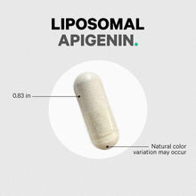 Cream-colored capsule measuring 0.83 inches with product name "Liposomal Apigenin" displayed above.