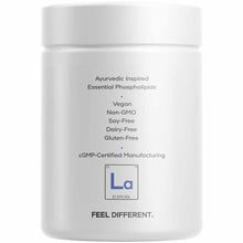 White cylindrical supplement container with text describing Ayurvedic-inspired essential phospholipids, vegan and allergen-fr