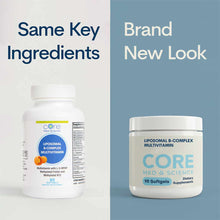 Two white bottles of Core Med Science liposomal B-complex multivitamin softgels showing old and new packaging designs.