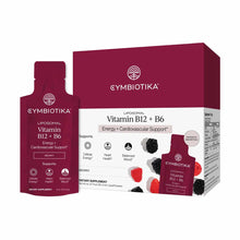 Cymbiotika Liposomal Vitamin B12 + B6 supplement packets in berry flavor with burgundy packaging and berry fruit imagery.